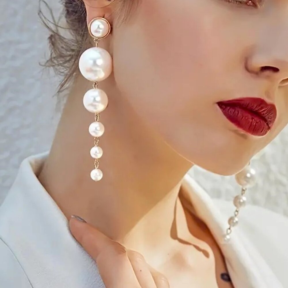 Pearl Earrings Bold Drop Simple Classy Hollywood Glam Exaggerated Trendy Stylish